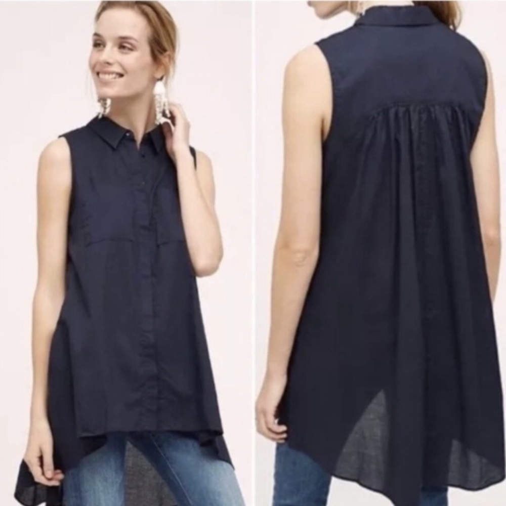 Anthro|HD In Paris Shirt Navy Blue Button Up Sleeveless Tunic Hi Low Size 6